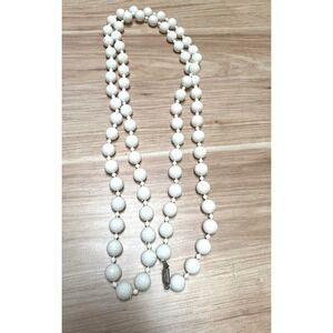 Vintage White Faceted Bead Necklace Silver Tone Filigree Clasp Long Opera Length
